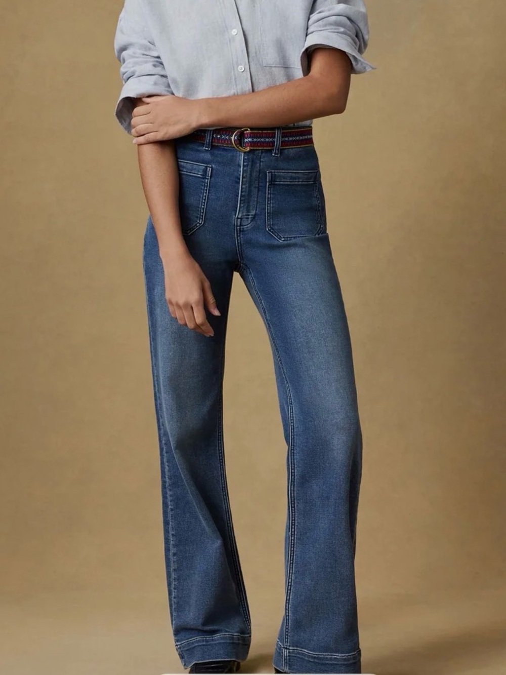 Faherty Women's Stretch-Terry High-Rise Wide-Leg Jeans in Medium Blue Wash Sz 30